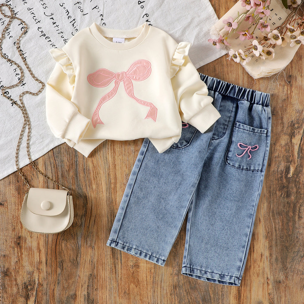 Amazon hot selling new flying sleeve bow long sleevespulloversweatshirt+denimpantssuitspring & falltwo-piece set
