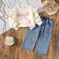 Amazon hot selling new flying sleeve bow long sleevespulloversweatshirt+denimpantssuitspring & falltwo-piece set