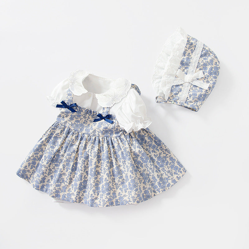 Baby skirt printing short-sleeved suspender skirt lace lapel summergirl bag butt dress princess style floral