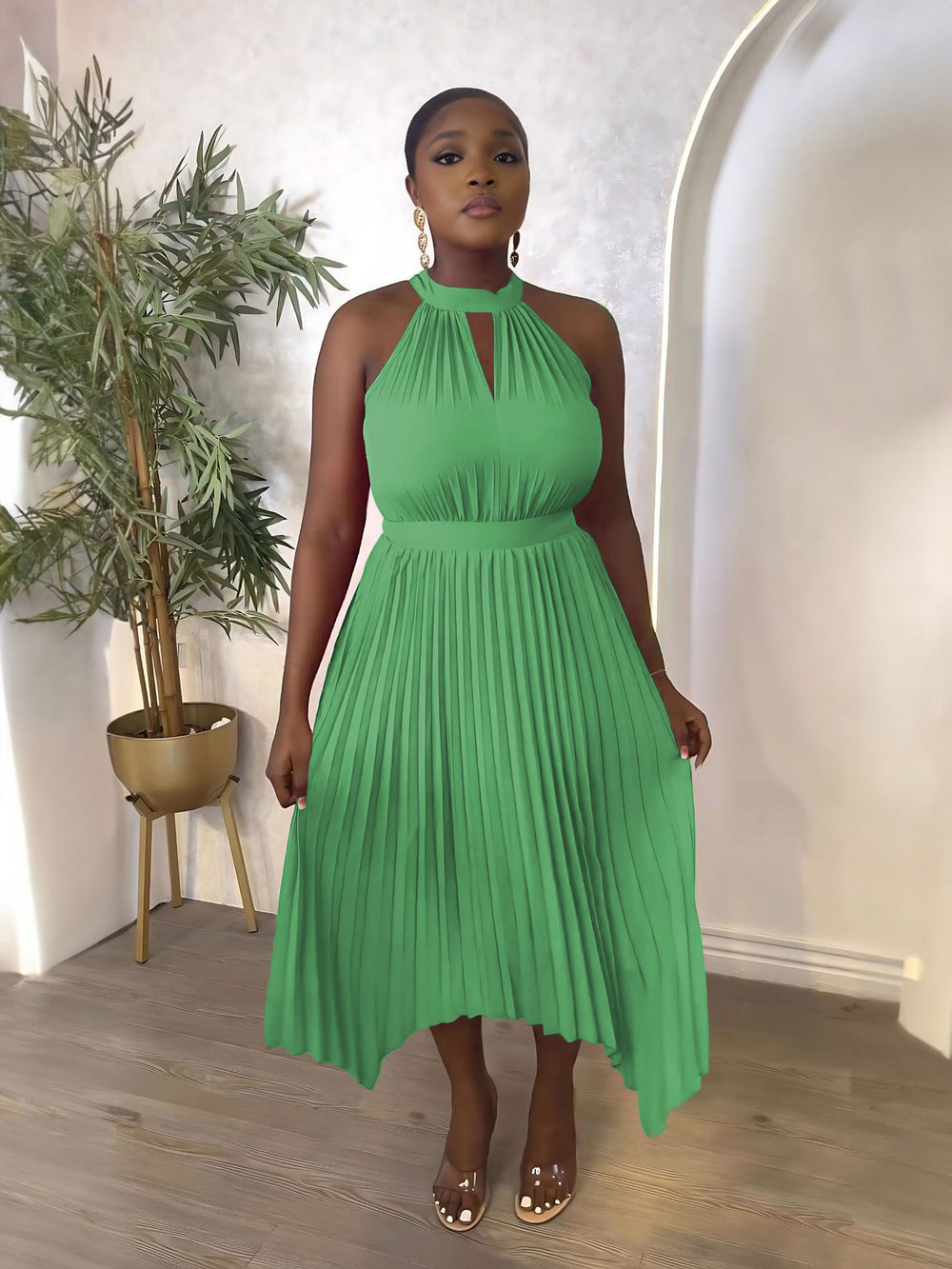 new sleeveless off-the-shoulder pleated asymmetrical halter neck slit pleated dress for cross-border fashion on  (us & europe)