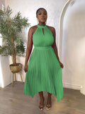 new sleeveless off-the-shoulder pleated asymmetrical halter neck slit pleated dress for cross-border fashion on  (us & europe)