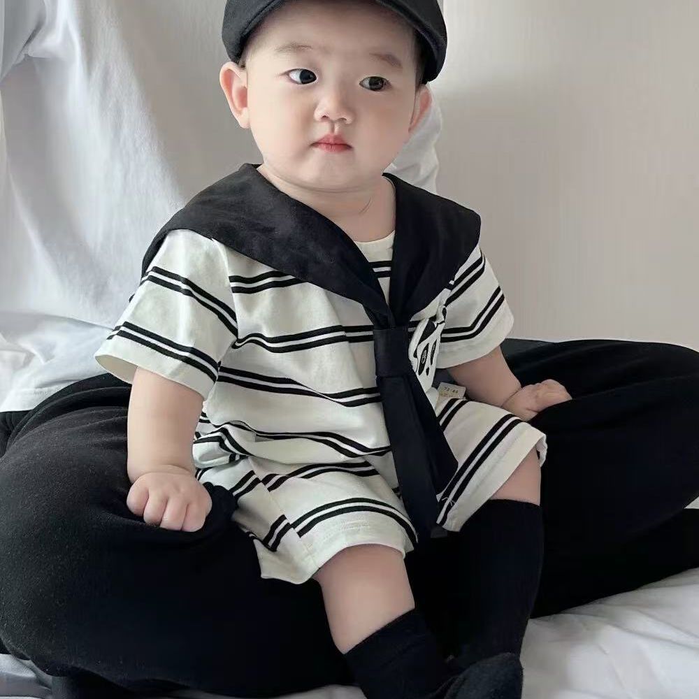 Newborn summer baby short-sleeve romper - cute cartoon design, lightweight outerwear, perfect for full month celebration, adorable summer outfit, snap-crotch bodysuit