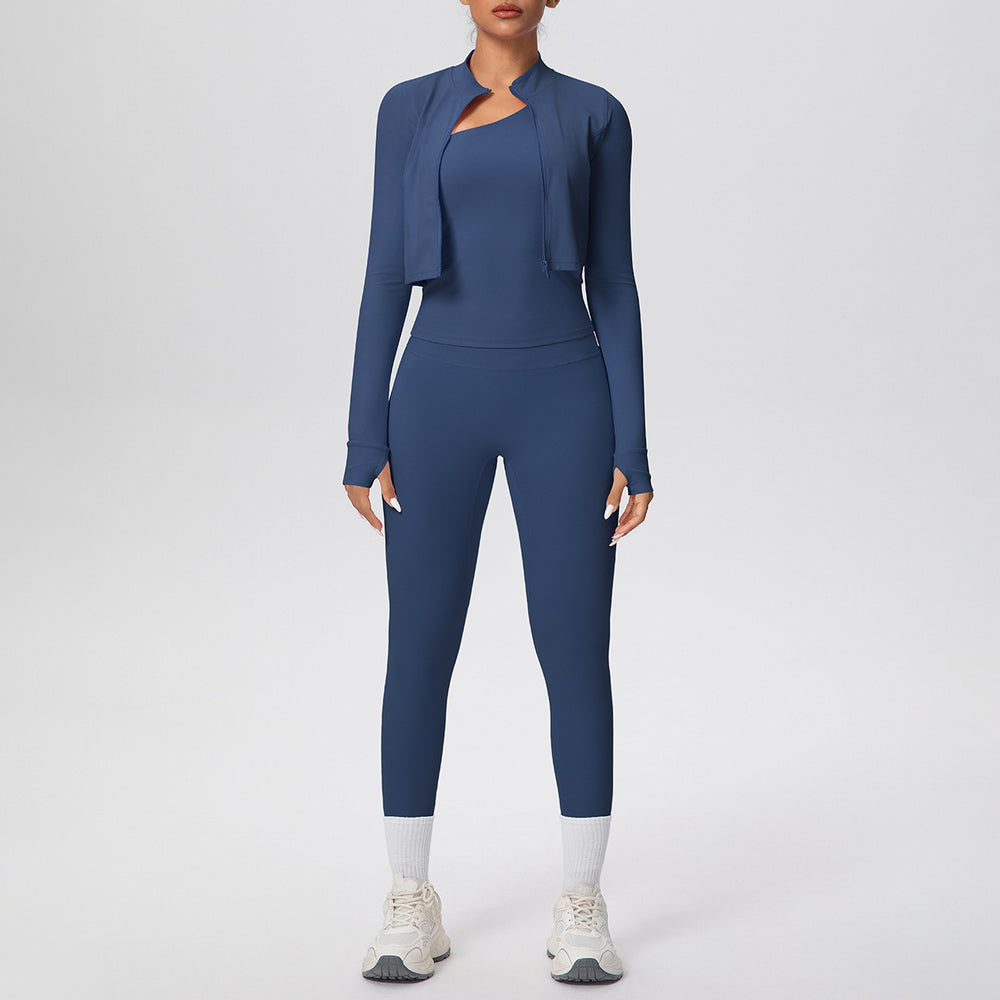 pure color brushed tight one-shoulder vest nine-point long three-piece sports running fitness yoga suit