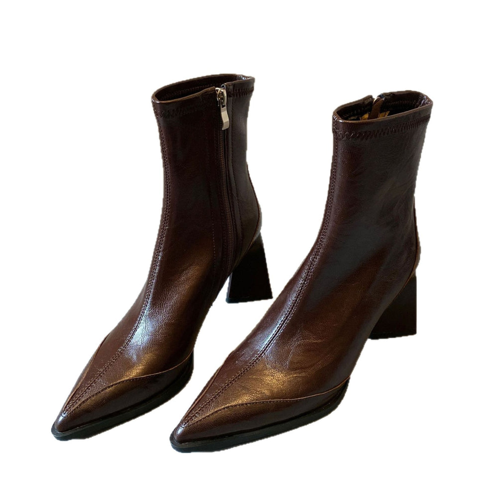 Pointed toe soft leather slim fit ankle boots - high heel, slimming, side zipper, genuine leather, elegant winter boots