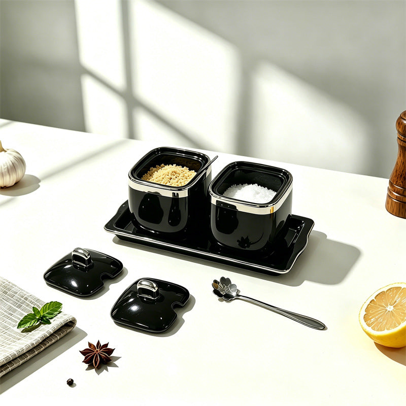 New ceramic seasoning jar set - complete home spice rack, salt & sugar bowl set with spoons - wholesale kitchen utensils