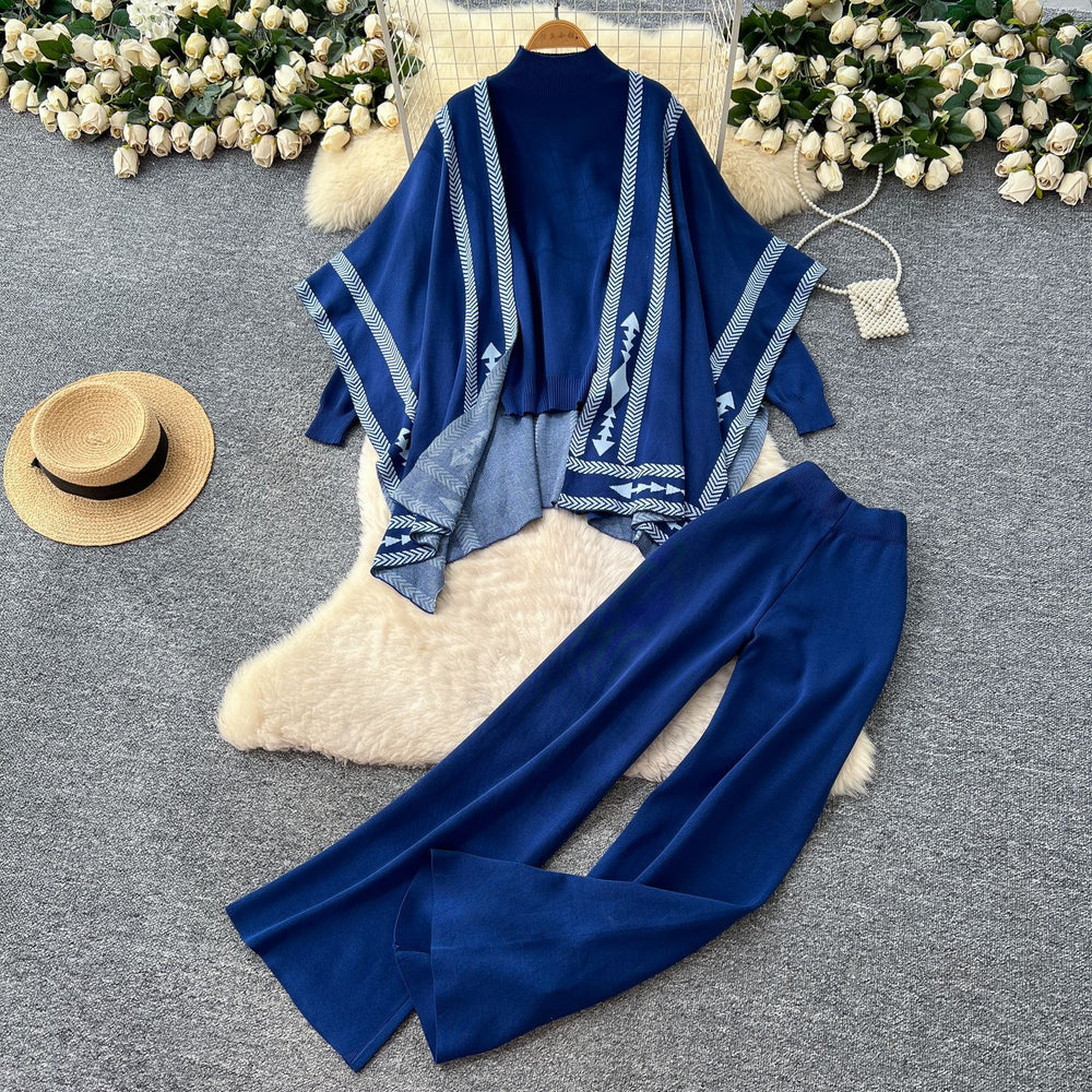 Lazy style sweatersuit women's autumcasualeasiest for match high collar knittingtopsloose outer shawl high waistpants