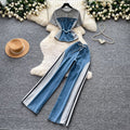 Hong kong style retropatchwork short-sleeved denim suit women's summer daily casualstraight-leg pants two-piece setslimming look outfit
