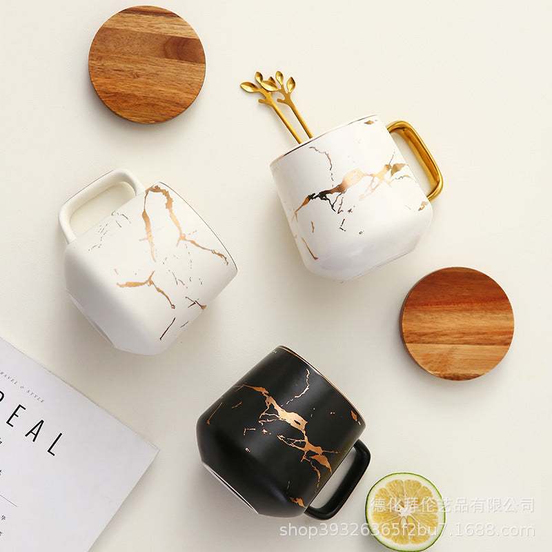 Minimalist ins style mug with lid and spoon - large capacity, nordic design, gold trim ceramic mug - wholesale for couples' gifts