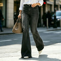 European and american style black washed stretch flare jeans - women's high-waisted raw hem slimming versatile workwear flare pants