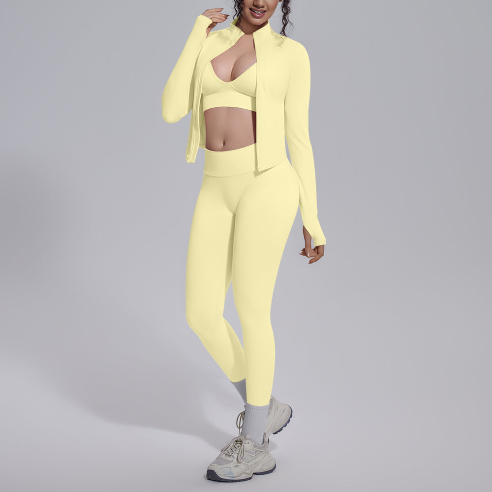 New seamless knit yoga set - high-waisted, butt-lifting, compression, quick-dry activewear three-piece outfit for outdoor running and fitness
