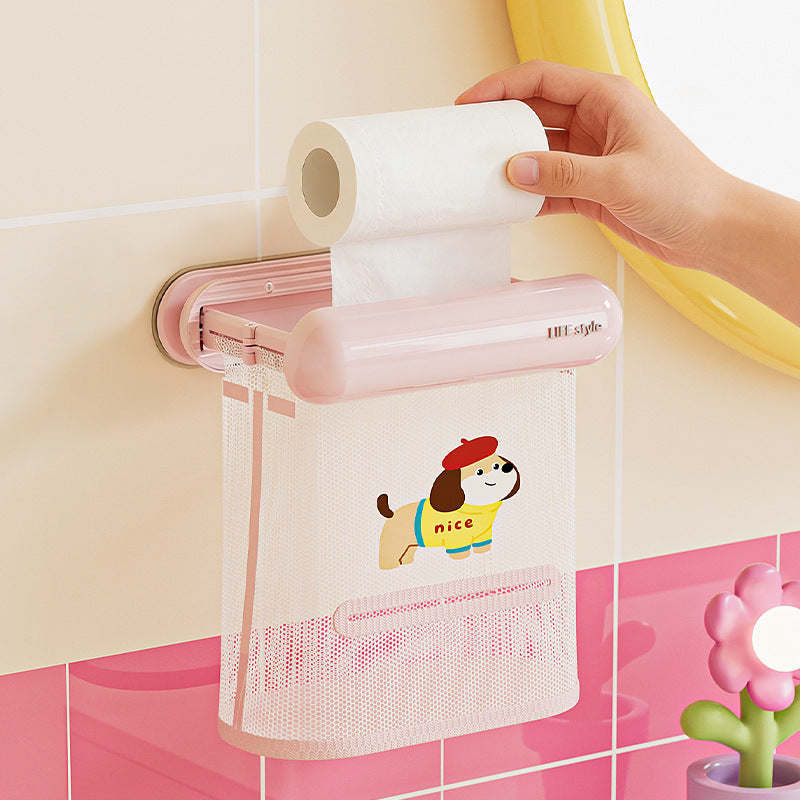 For homewall-mounted no-punch cute puppy mesh bag waterproof and moisture-proof detachable washable bathroom towel storage mesh bag