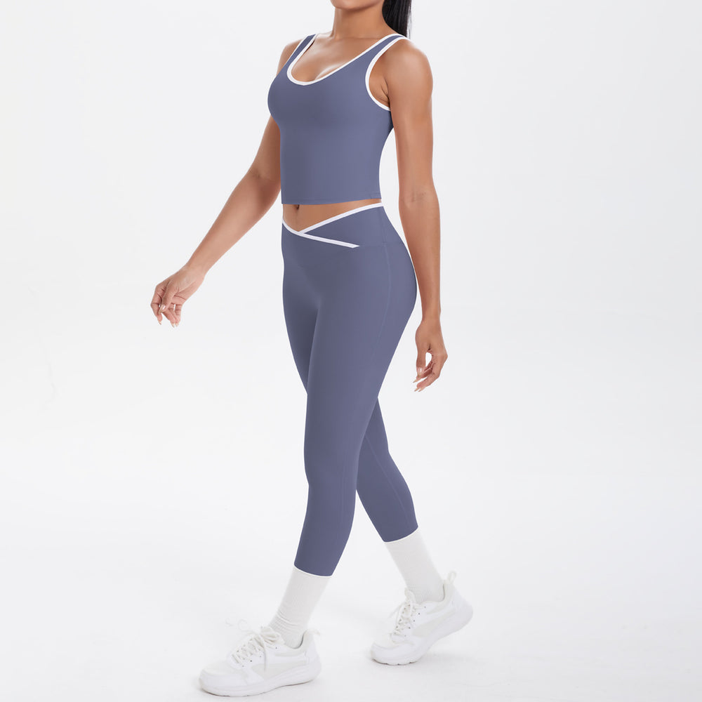New arrivalnude contrast color sports vest yoga clothes cross high waist hip lifting tight pants suit running fitness clothes