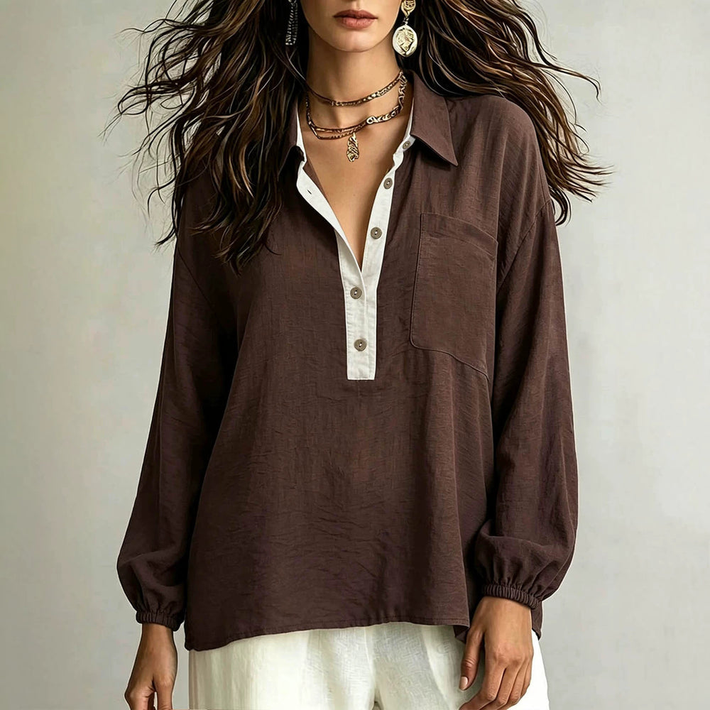 Casual patchwork plus size shirt - collared, color block placket, loose fit, slimming long sleeve women's top