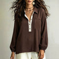 Casual patchwork plus size shirt - collared, color block placket, loose fit, slimming long sleeve women's top
