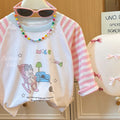 New spring/autumn girls' pink cartoon kitten striped base layer sweatshirt, casual cute long-sleeve t-shirt for baby girls, children's clothing