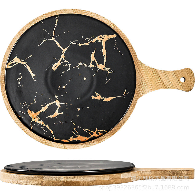 Nordic high-looking desktop flat steak plate with heat-insulating wooden tray creative marble plate manufacturer wholesale
