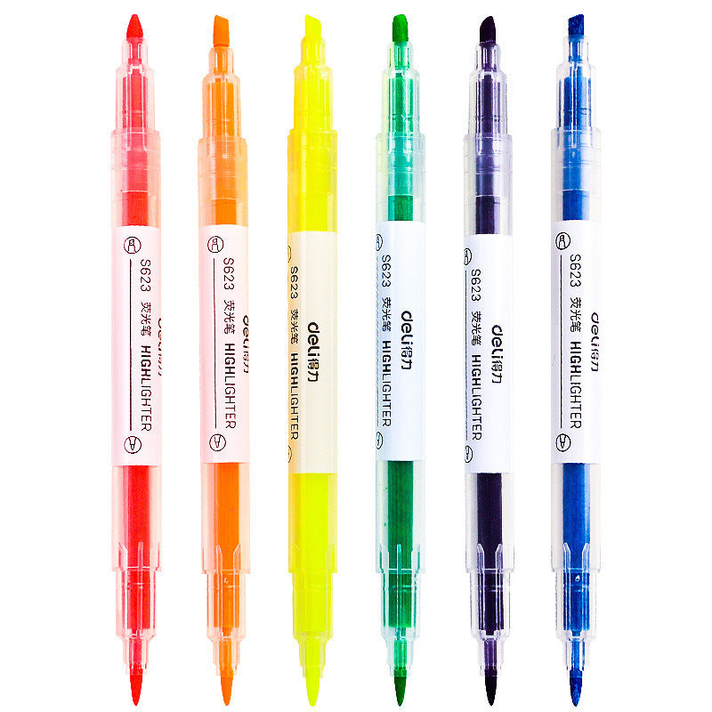 Deli Double Head Highlighter S627 Student Marker Pen 6-Color Marker Color Marker Weight Writing Pen Stationery