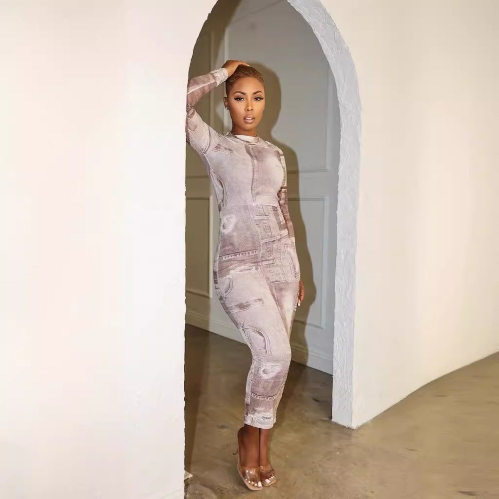 cross-border fashion: european & american autumn women's printed round neck long sleeve bodycon midi dress