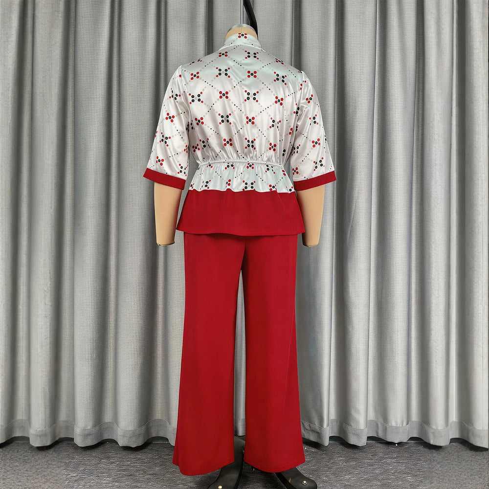 New arrivalprintingcasualtwo-piece set elegantwork clothingcontrast color waist ruffles drawstring topsloose pantssuit