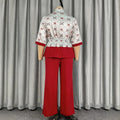 New arrivalprintingcasualtwo-piece set elegantwork clothingcontrast color waist ruffles drawstring topsloose pantssuit