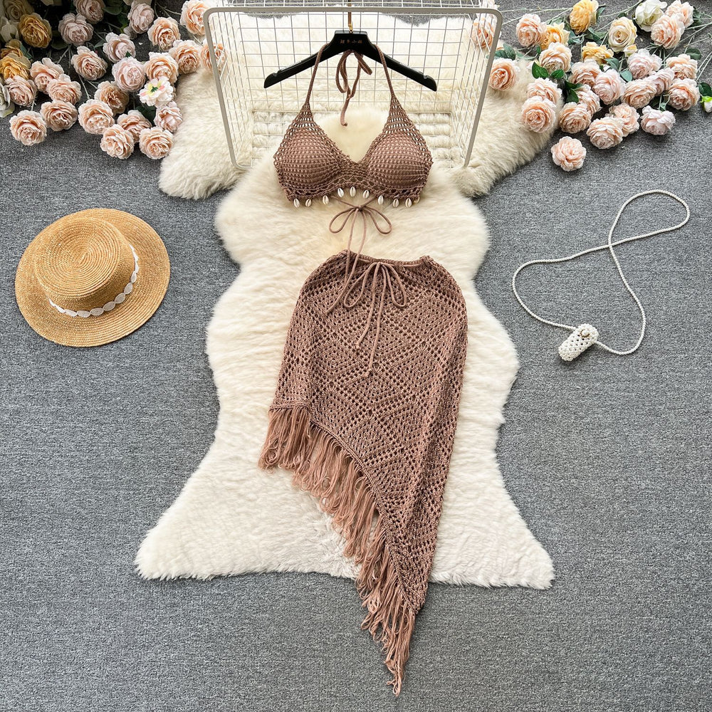 Ins vacation style suit women's sense of design bikini halter vest easiest for match tassel skirt knittingtwo-piece set