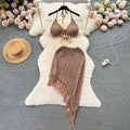 Ins vacation style suit women's sense of design bikini halter vest easiest for match tassel skirt knittingtwo-piece set