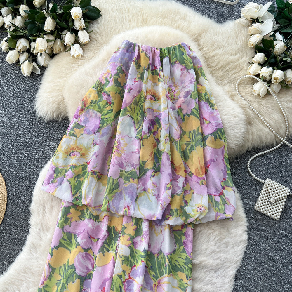 French riviera floral print bandeau dress - women's summer sleeveless high-waisted a-line dress