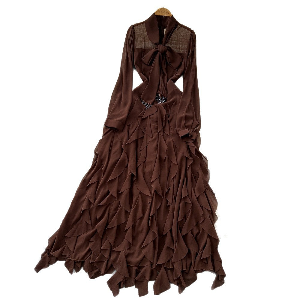 French chic bow-tie long sleeve ruffle hem dress - autumn slimming elegance
