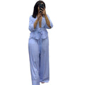 European and american cross-border women's fashion  summer new sweet v-neck striped tie-up shirt wide-leg pants casual set