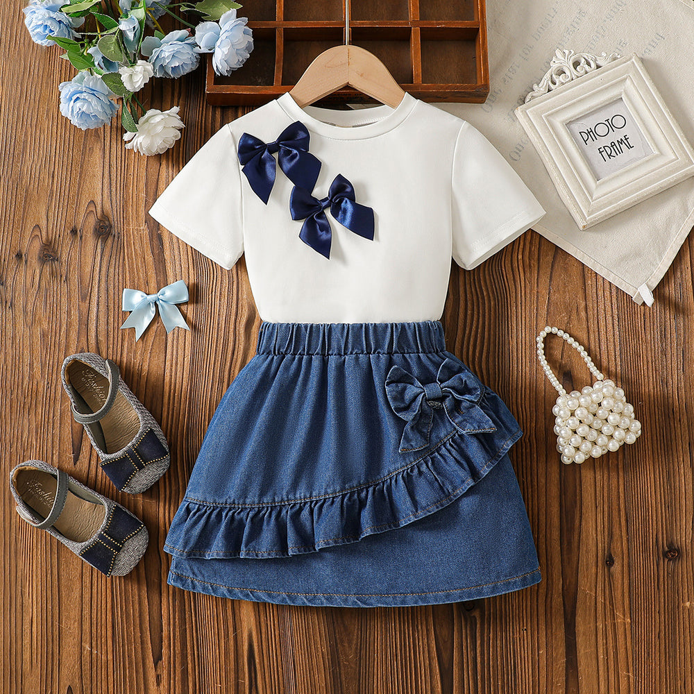 new cross-border girls' round neck knitted top with heavily washed denim bowknot jeans two-piece set