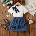 new cross-border girls' round neck knitted top with heavily washed denim bowknot jeans two-piece set