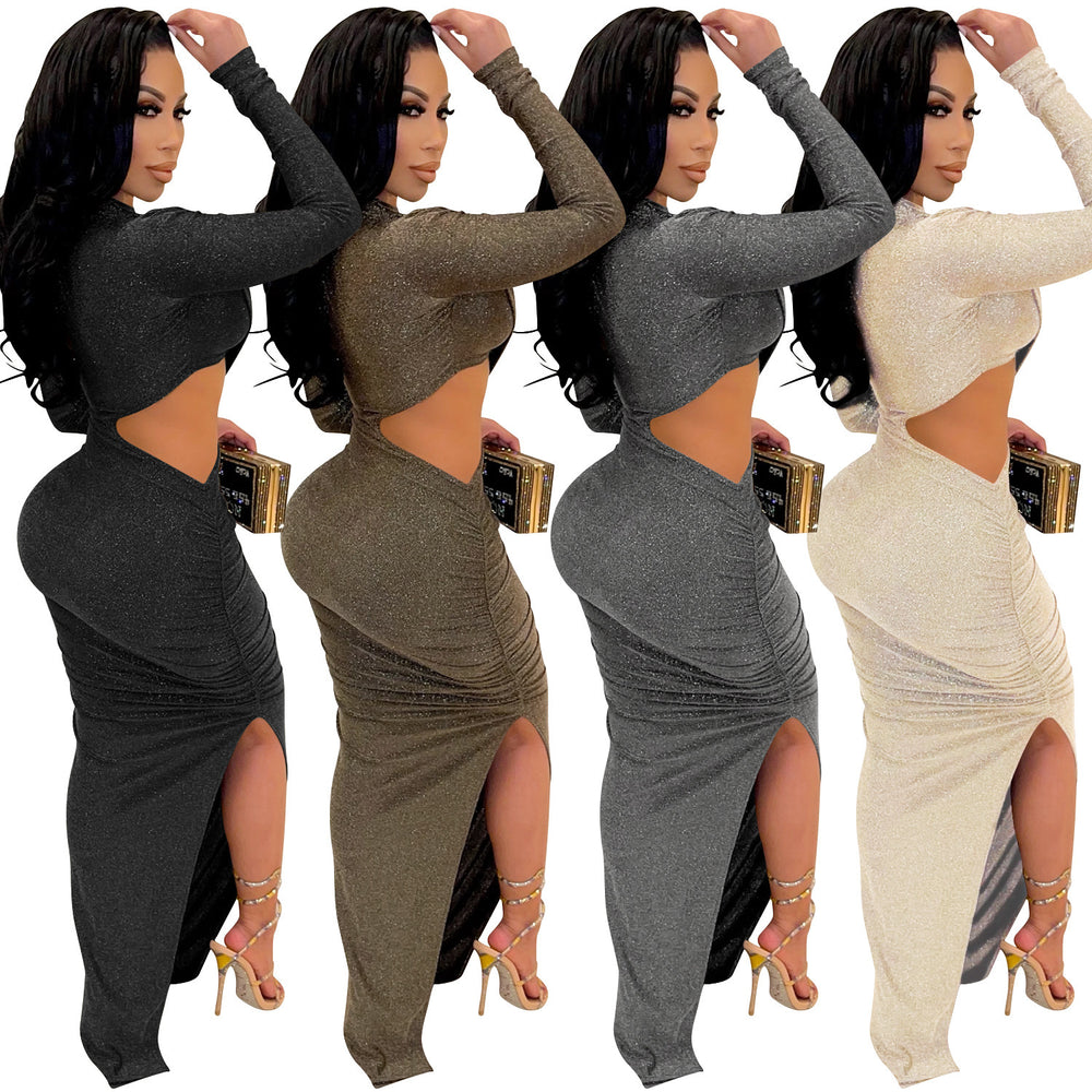 C5550 summer new european and american  cross-border fashion long sleeve sexy hollow-out slit maxi dress for women