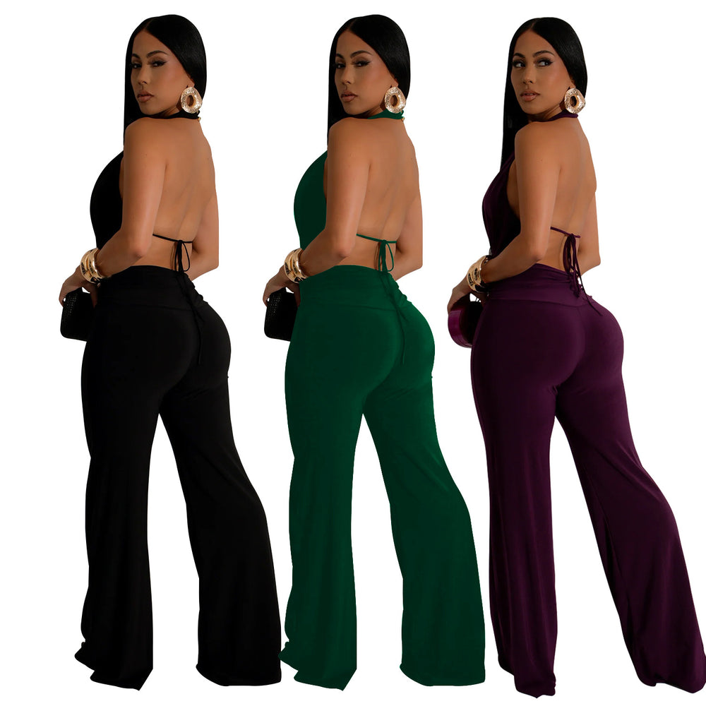 C7085 cross-border   independent station fashion women's sleeveless deep v pants suit pants two pieces