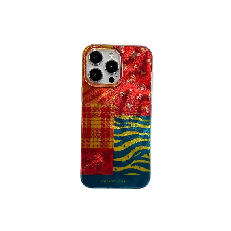 apple 17 pro phone case - gradient color tin foil shell with multi-element patchwork iphone 16 protective cover