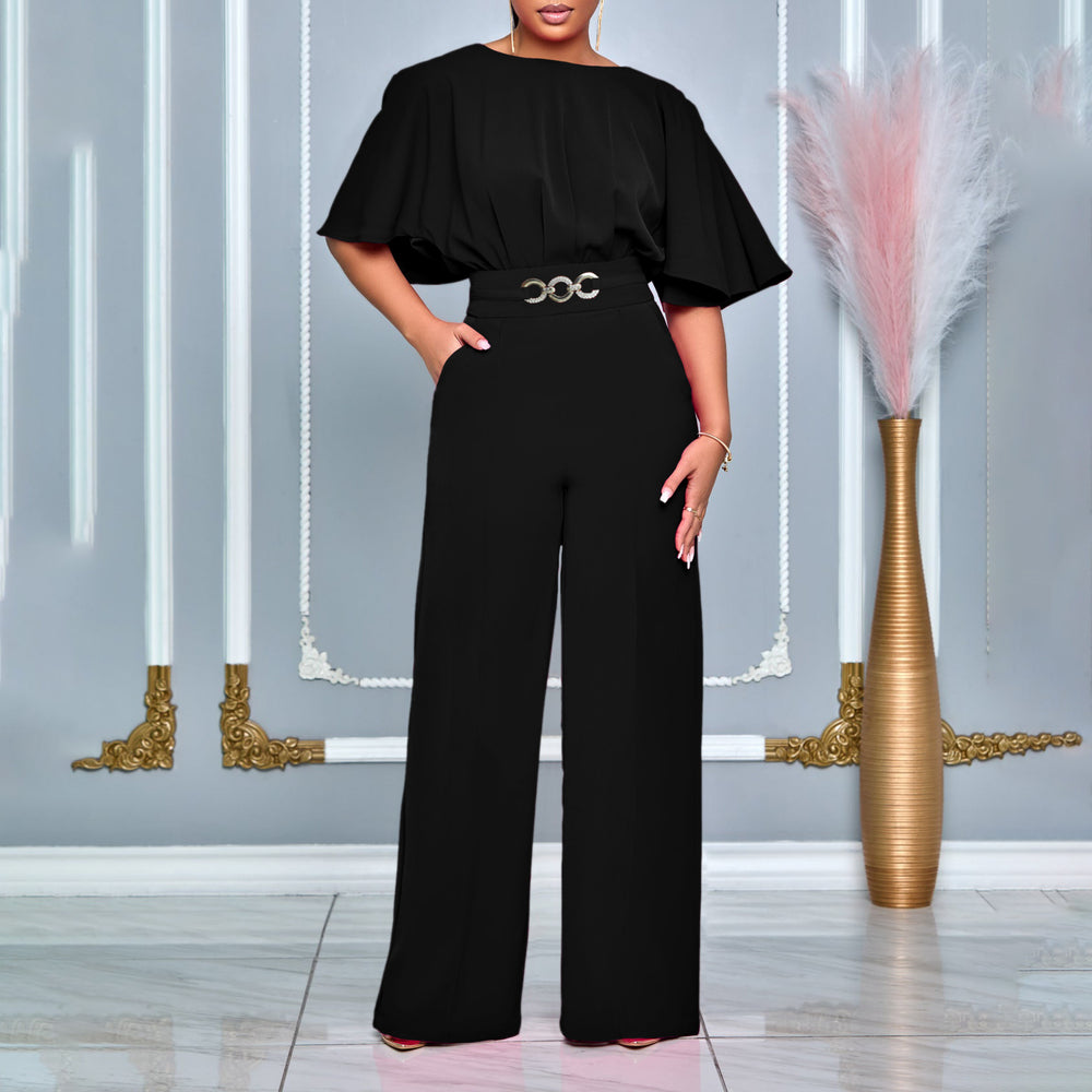 D3276  cross-border european and american women's summer fashion round neck solid color high waist plus size african wide leg jumpsuit