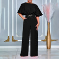 D3276  cross-border european and american women's summer fashion round neck solid color high waist plus size african wide leg jumpsuit