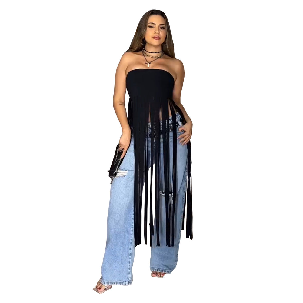 C7436 cross-border   fashion women's clothing: deerskin velvet sexy bandeau solid color tassel maxi dress