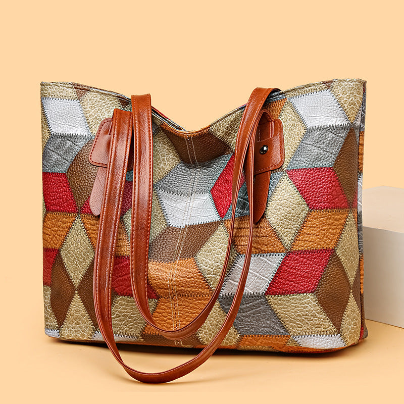 New fashionable textured patchwork shoulder bag, large capacity tote bag, versatile handbag, mom bag, commuter bag, women's bag