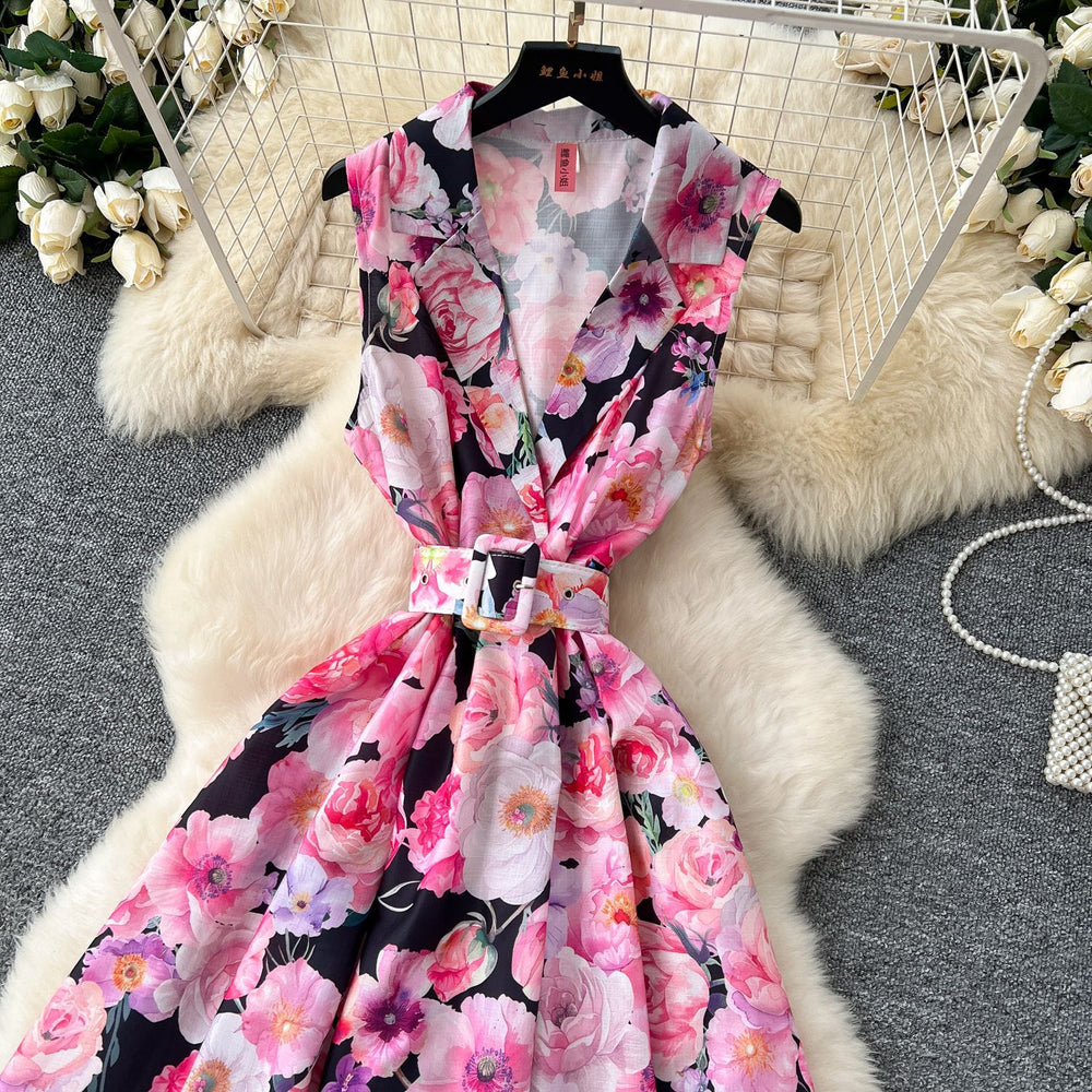 European and american niche fashion retro suit collar sleeveless cinched waist printed dress - women's slimming a-line elegant maxi dress