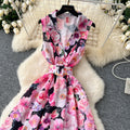 European and american niche fashion retro suit collar sleeveless cinched waist printed dress - women's slimming a-line elegant maxi dress