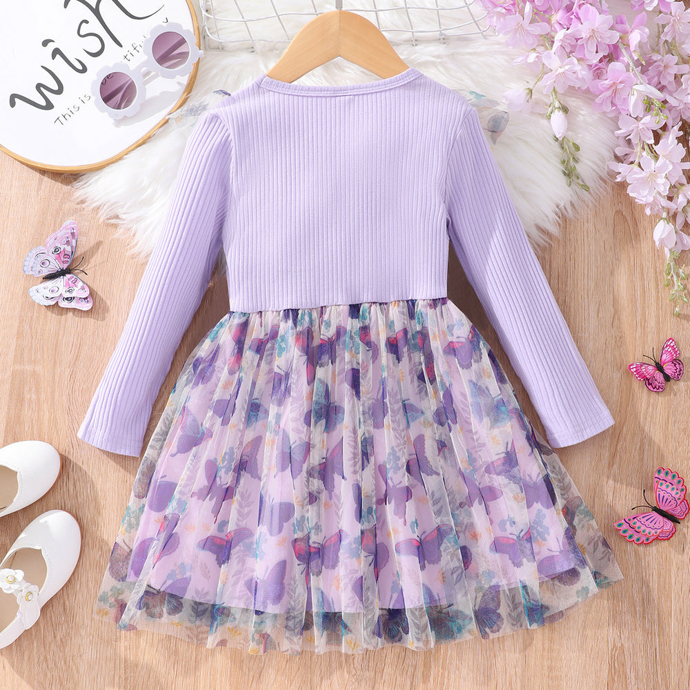 Kids' long-sleeve ribbed knit butterfly mesh dress
