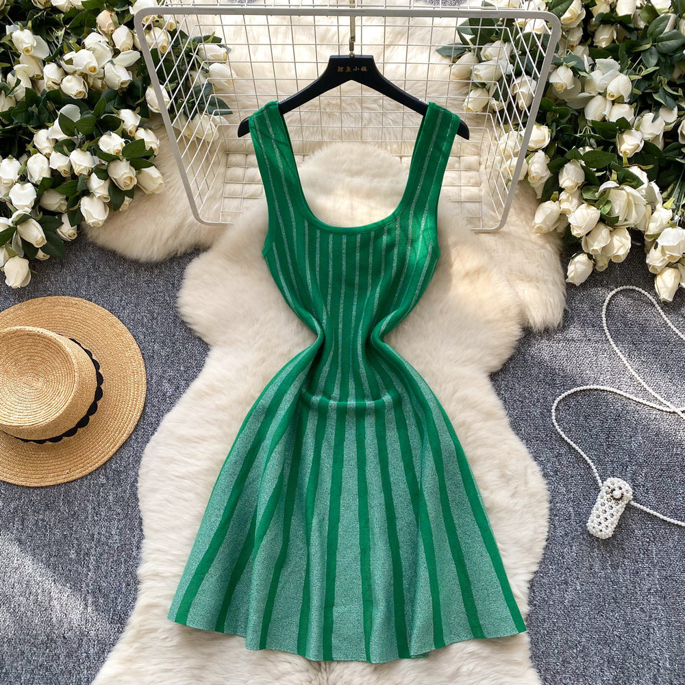 Knitted dress women's  summer new arrival - high-end square neck sleeveless cami dress with cinched waist and sparkling a-line mini skirt