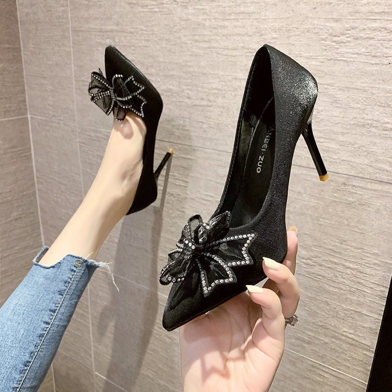 Fairy-style stiletto heels for women, new 2025 design featuring a bow, rhinestone embellishments, pointed toe, and a low-cut silhouette