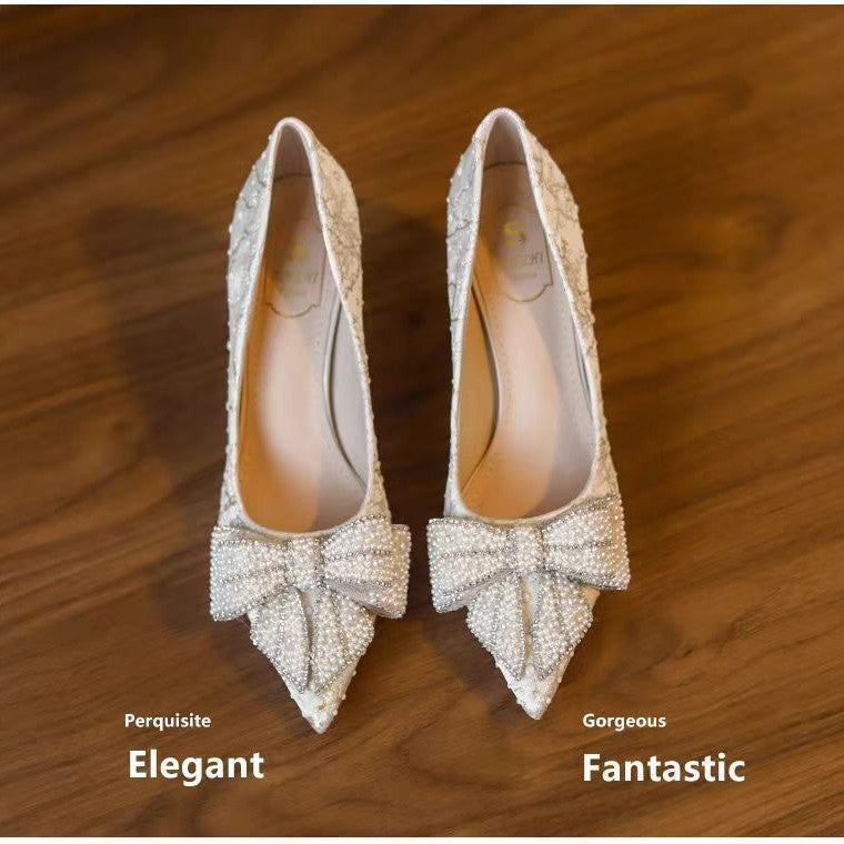 High-heeled shoes bows2026new arrival xiuhe wedding dress two-wear wedding shoes beautiful pearl stiletto flats women's shoes that don't tire your feet