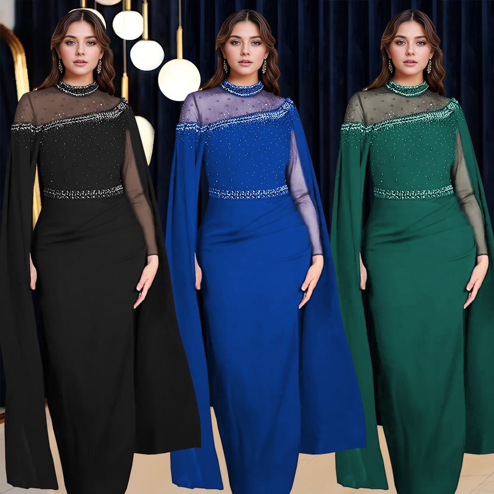 C7280 cross-border fashion evening gown dress: european & american style, chiffon & mesh paneling, heavily embellished with hotfix rhinestones & beaded appliqués, featuring trendy cape sleeves