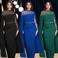 C7280 cross-border fashion evening gown dress: european & american style, chiffon & mesh paneling, heavily embellished with hotfix rhinestones & beaded appliqués, featuring trendy cape sleeves