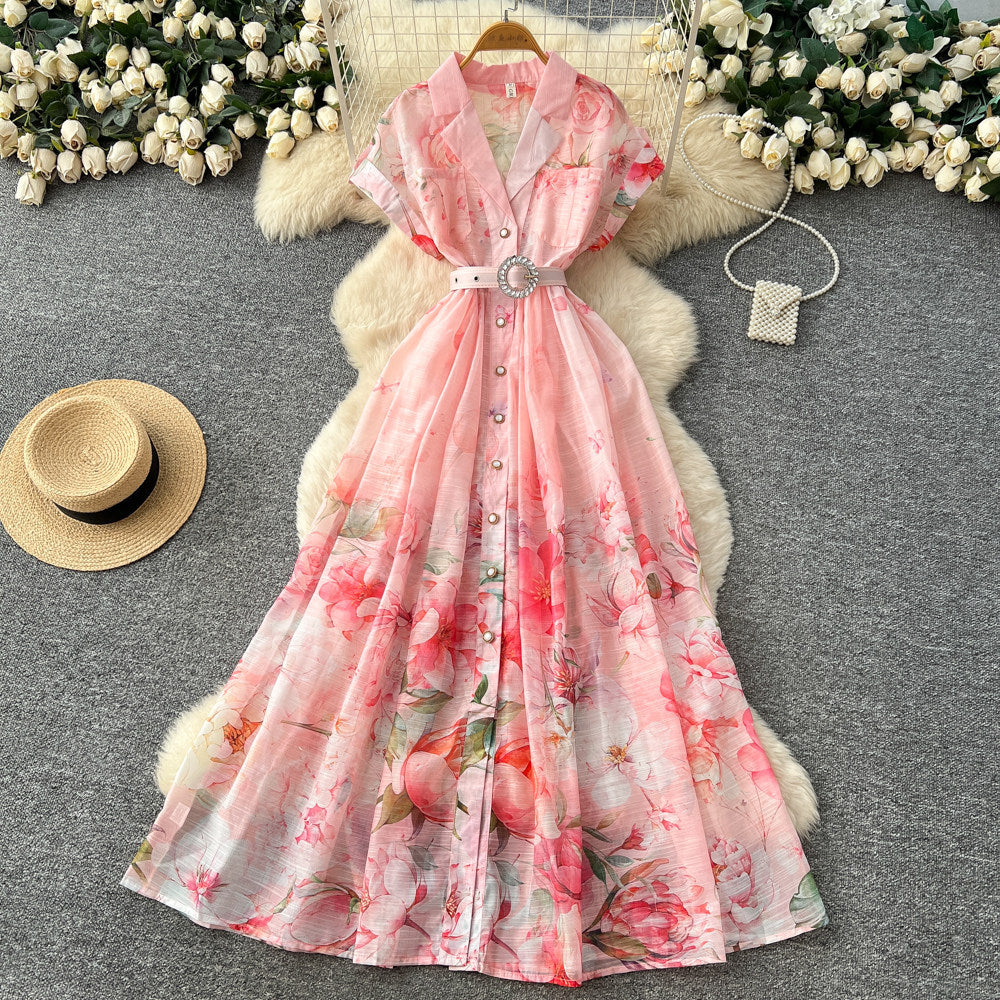 French country style printed sleeveless dress - women's summer korean high-waisted slimming a-line maxi dress - elegant commute dress
