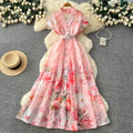 French country style printed sleeveless dress - women's summer korean high-waisted slimming a-line maxi dress - elegant commute dress