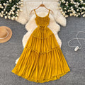 French tea break retro suspender dress women's vacation style waist slimming look pleated design draped large swing long skirt