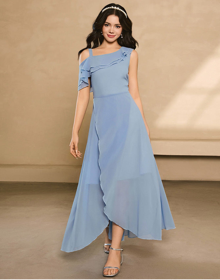 European and american style chiffon one-shoulder a-line dress for teens - minimalist, elegant, and fashionable with hair accessories